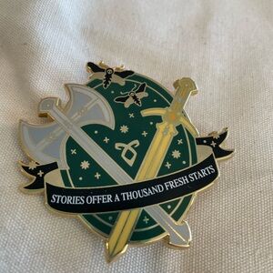 Bookish Green and Gold Enamel Pin with Swords
